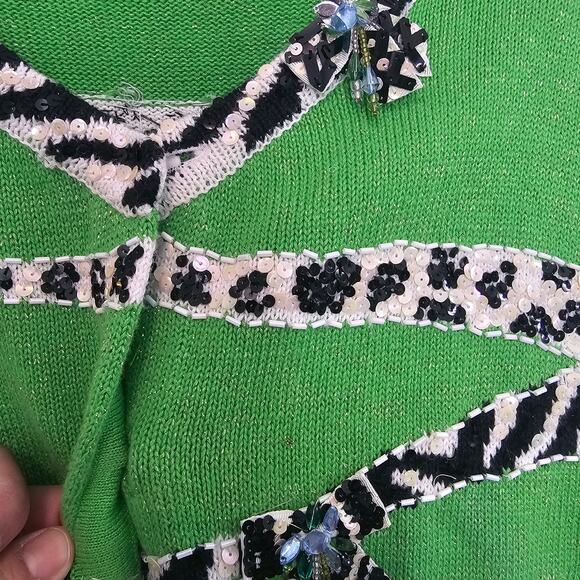 Vintage Design Options Cardigan Womens Med Green Sequins Beaded Glam Grandmacore - Picture 7 of 13
